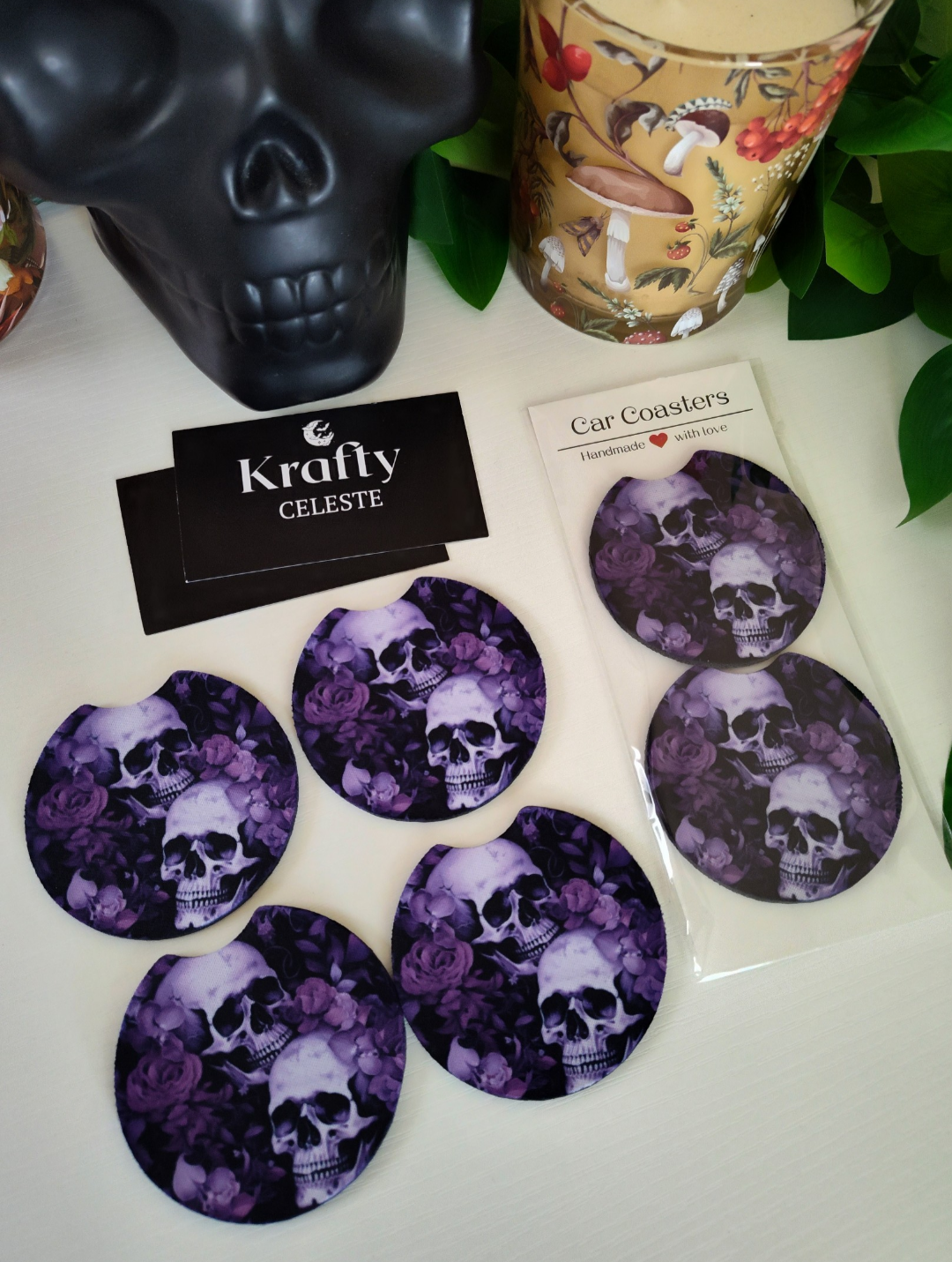 Dark Floral Skulls | Car Coaster