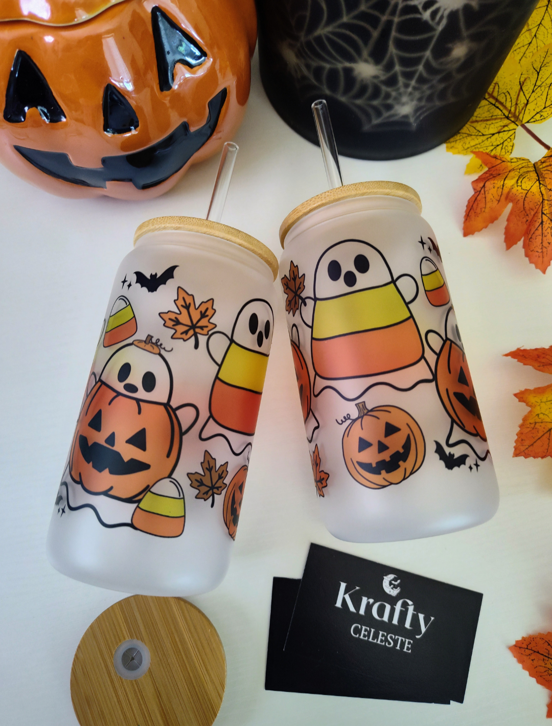 Candy Corn + Pumpkin Ghosties | 16oz Glass Cup